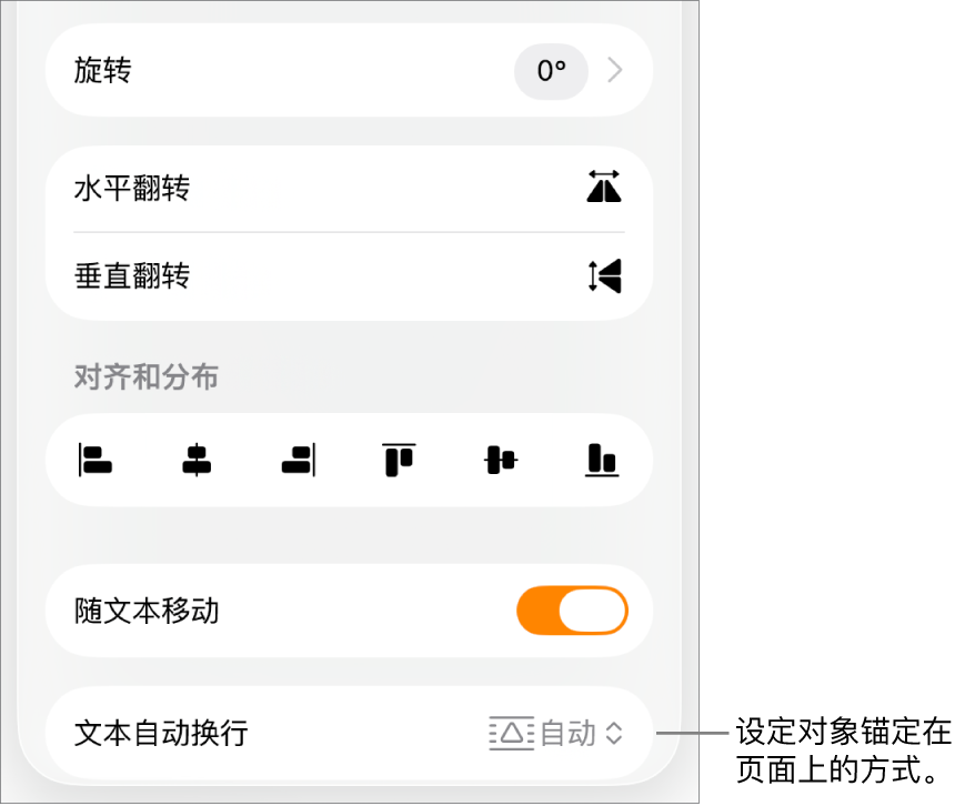“格式”控制,显示被选中的“排列”标签以及“移至后面/前面”、“随文本移动”和“文本自动换行”控制。