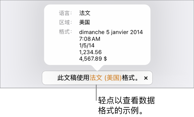 不同语言和地区设置的通知,显示该语言和地区的格式示例。