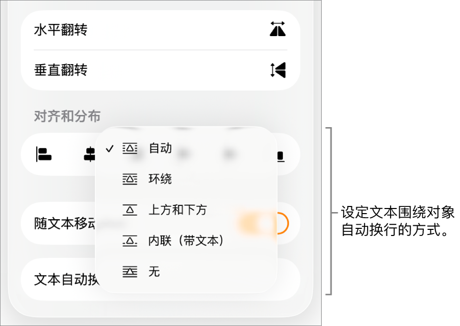 “格式”控制,其中“排列”标签被选中。其下方是含“移至后面/前面”、“随文本移动”和“文本自动换行”的“文本自动换行”控制。