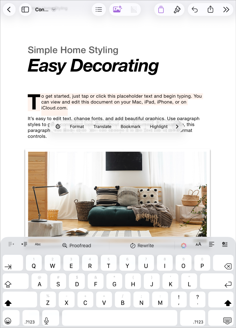 Pages 文件已開啟,其中包括已選取的暫存區文字。