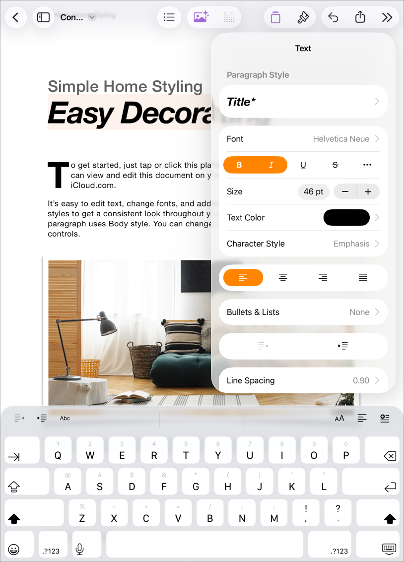 Pages 文件已開啟,其中已選取文字並已開啟文字格式選項。