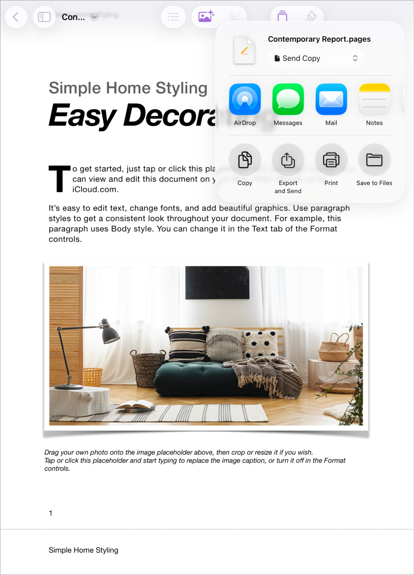 在正在處理的文件中,其中包括已開啟的「分享」或「輸出」的選項。
