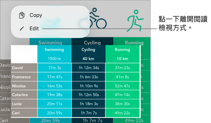 已選擇表格輸入格,其上方是包含「複製」和「編輯」按鈕的選單。