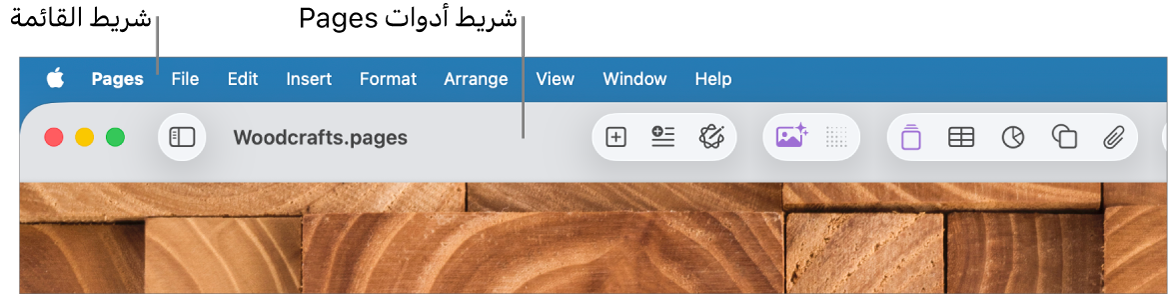 شريط القائمة في الجزء العلوي من الشاشة وبه قوائم Apple و Pages وملف وتعديل وإدراج وتنسيق وترتيب وعرض ونافذة ومساعدة. أسفل شريط القائمة يوجد مستند Pages مفتوح به أزرار شريط الأدوات على طول الجزء العلوي لكل من عرض وتكبير/تصغير وإضافة صفحة وإدراج وجدول ومخطط ونص وشكل ووسائط وتعليق ومشاركة وتنسيق.