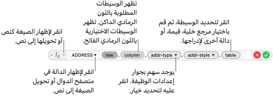 محرر الصيغ وتظهر به دالة ADDRESS ورموز وسيطتها.