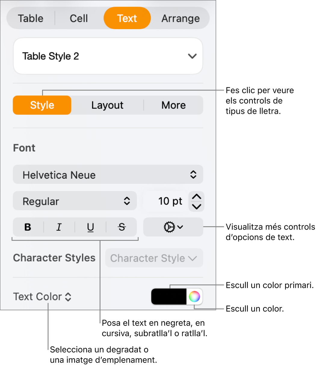 Els controls per aplicar un estil al text d’una taula.