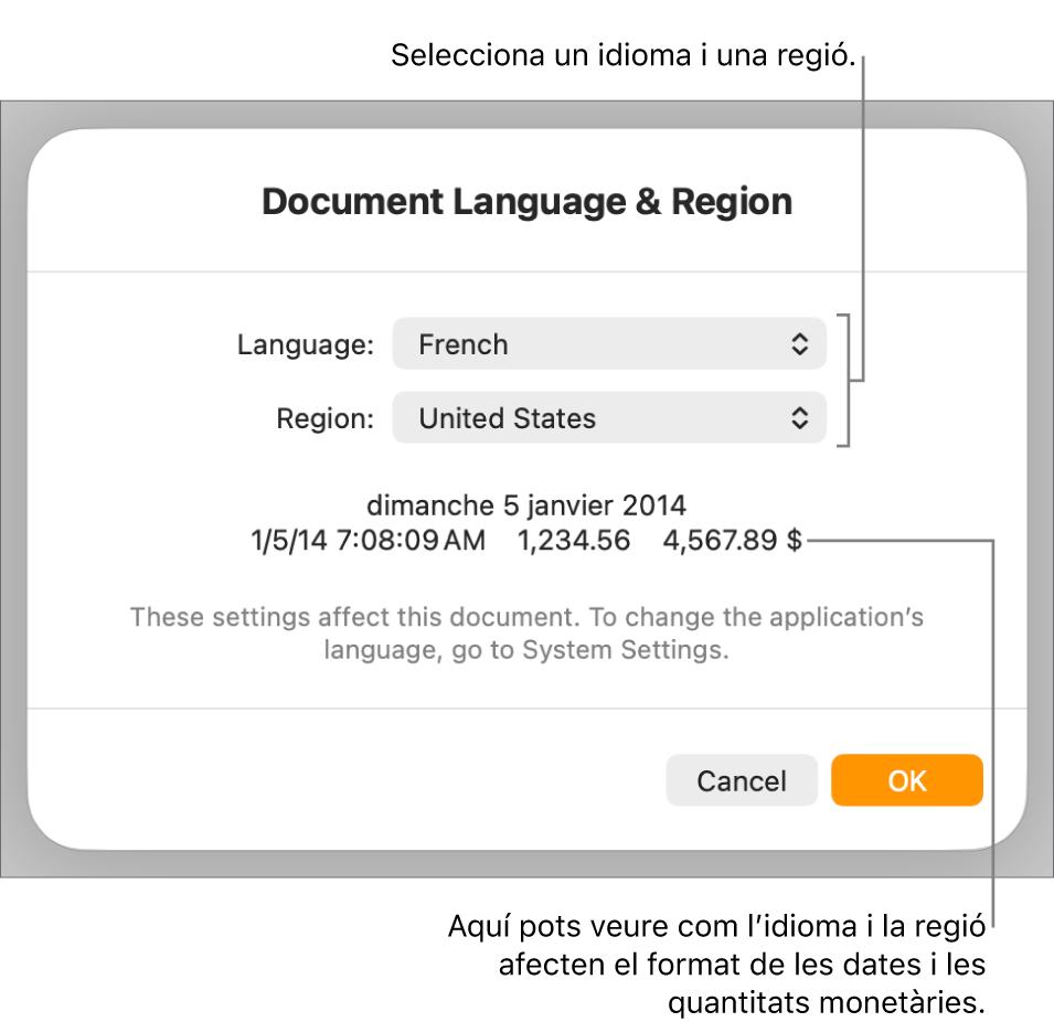 La configuració d’idioma i regió, amb controls per configurar l’idioma i la regió i un exemple de format que inclou la data, l’hora, els decimals i la moneda.