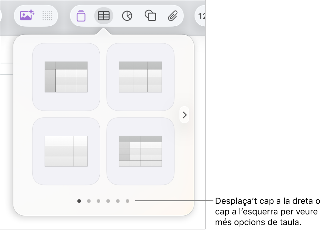 El menú “Afegeix una taula”, amb les fletxes de navegació.