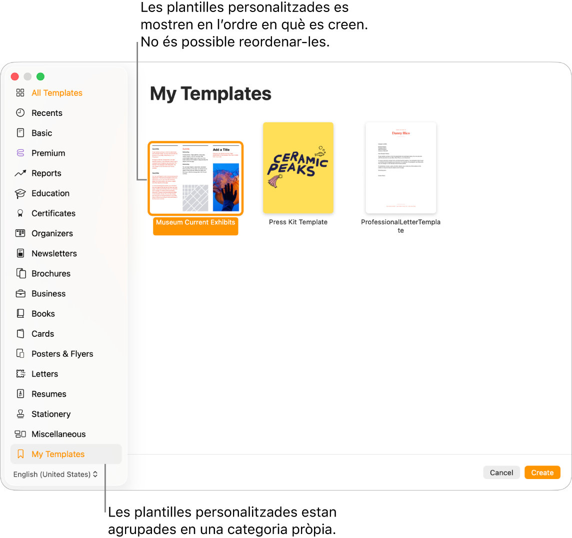 El selector de plantilles, amb la categoria “Les meves plantilles” a l’esquerra (l’última categoria). Les plantilles personalitzades es mostren en ordre de creació i no es poden reordenar.