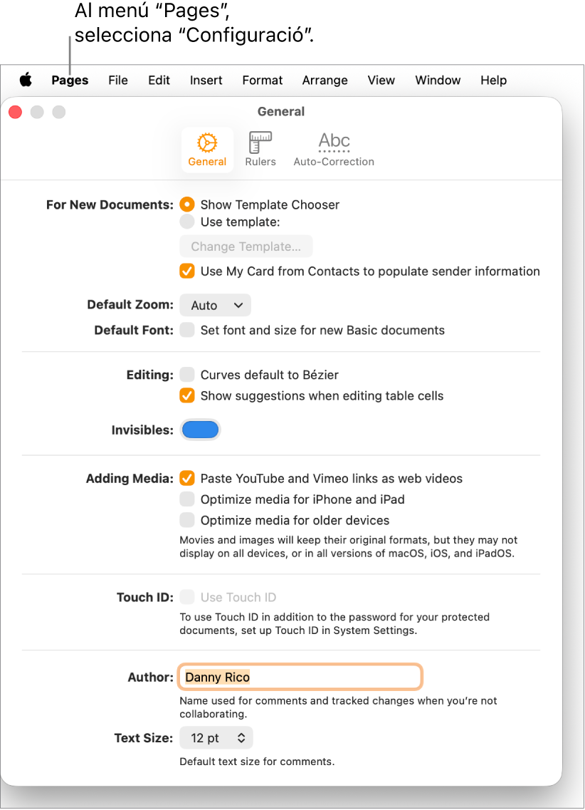 El tauler de configuració del Pages obert a la pestanya General.