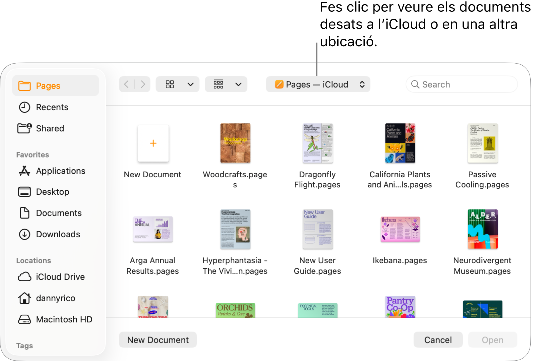 El quadre de diàleg “Obre”, amb la barra lateral oberta a l’esquerra i l’iCloud Drive seleccionat al menú desplegable de la part superior. La carpeta del Pages apareix al quadre de diàleg, amb un nou botó “Nou document”.