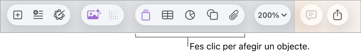 La barra d’eines, amb botons per afegir taules, gràfics, text, formes i contingut multimèdia.
