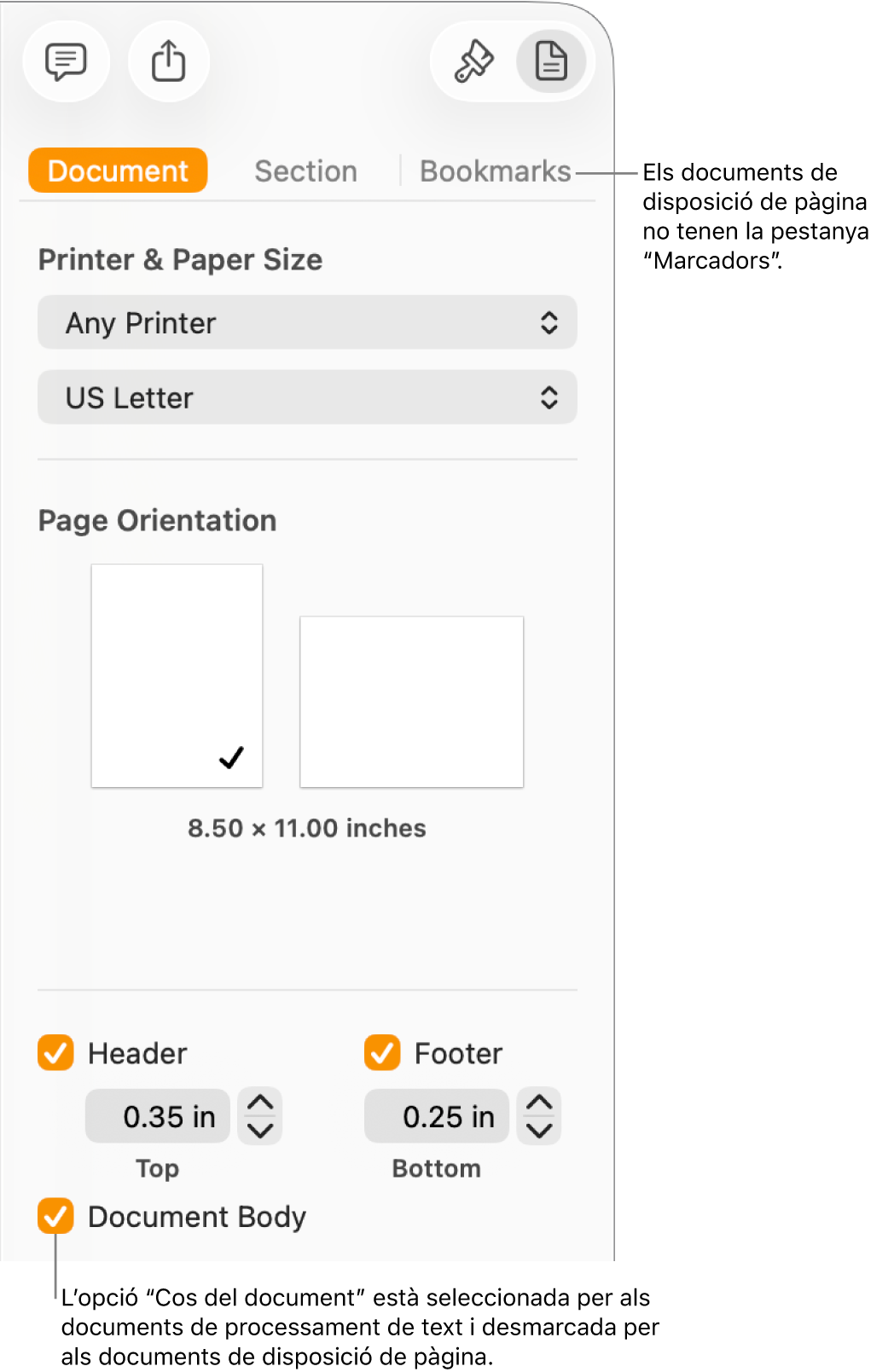 La barra lateral Format amb les pestanyes Document, Secció i Marcadors a la part superior. La pestanya Document està seleccionada i una llegenda a la pestanya Marcadors indica que els documents de disposició de pàgina no tenen la pestanya Marcadors. La casella de selecció “Cos del document” està marcada, cosa que també indica que es tracta d’un document de processament de text.