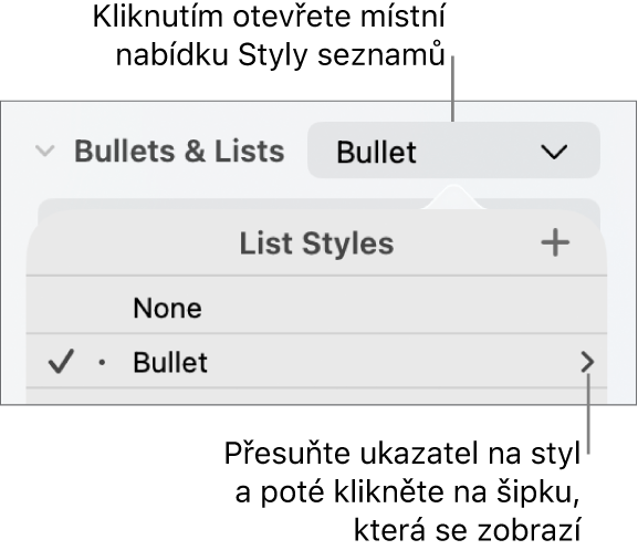Místní nabídka Styly seznamů s jedním vybraným stylem a šipkou úplně vpravo.
