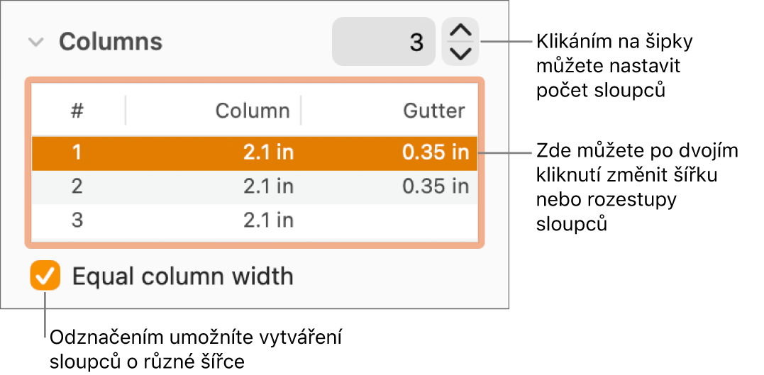 Panel Uspořádání v Inspektoru formátu s ovládacími prvky pro sloupce