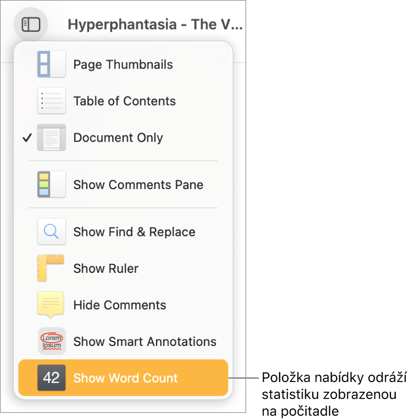 Nabídka Zobrazení; dole v seznamu je vidět položka Zobrazit počet znaků