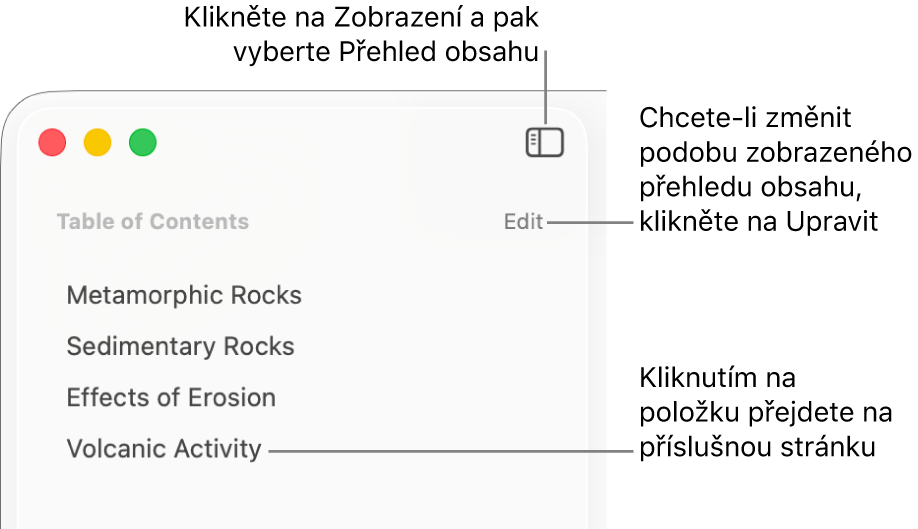 Obsah zobrazený v levé části okna Pages: v pravém horním rohu bočního panelu je vidět tlačítko Úpravy a položky obsahu mají formu seznamu. Nad bočním panelem je v levém horním rohu panelu nástrojů Pages vidět tlačítko Zobrazit