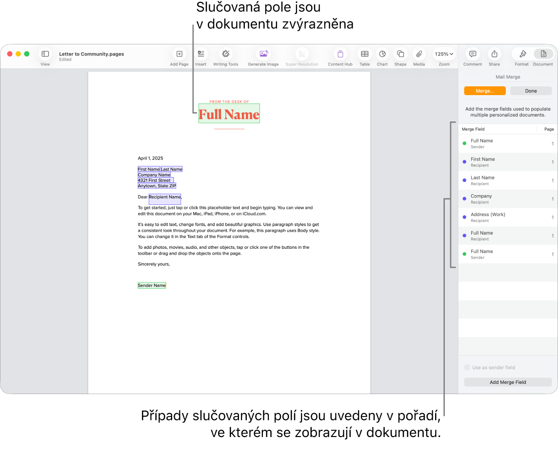 Dokument Pages s poli hromadné korespondence pro příjemce a odesílatele; na bočním panelu Dokument je vidět seznam instancí polí hromadné korespondence