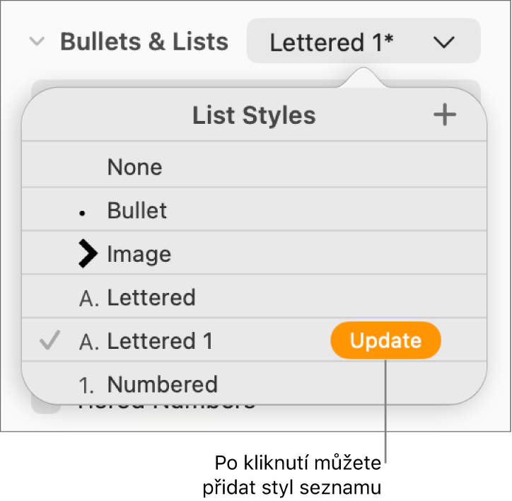 Místní nabídka Styly seznamů s tlačítkem Aktualizovat u názvu nového stylu