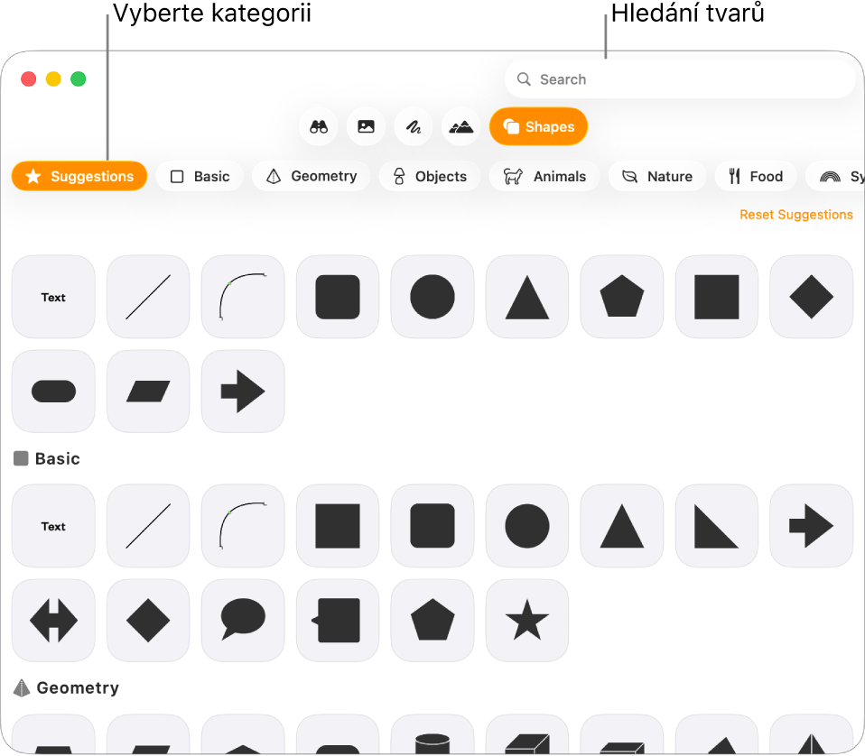 Knihovna tvarů. Vlevo jsou uvedeny kategorie, vpravo tvary. Pomocí pole hledání v horní části můžete vyhledat požadované tvary. Posunutím zobrazíte další tvary.