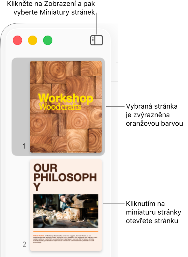 Boční panel na levé straně okna aplikace Pages s otevřeným zobrazením miniatur stránek a vybranou stránkou, která je zvýrazněna tmavooranžově