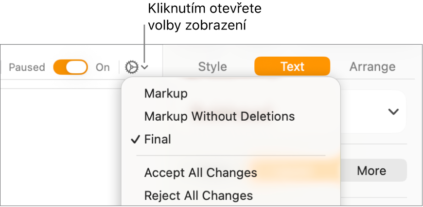 Nabídka s volbami kontroly: Značky, Značky bez škrtání a Finální