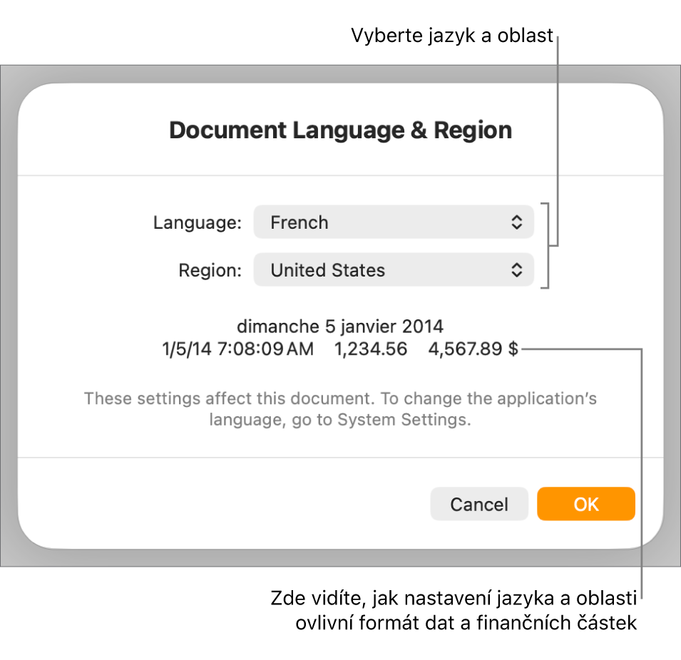 Panel Jazyk a oblast obsahující ovládací prvky pro jazyk a oblast a ukázku formátu, včetně data, času, desetinného oddělovače a měny.