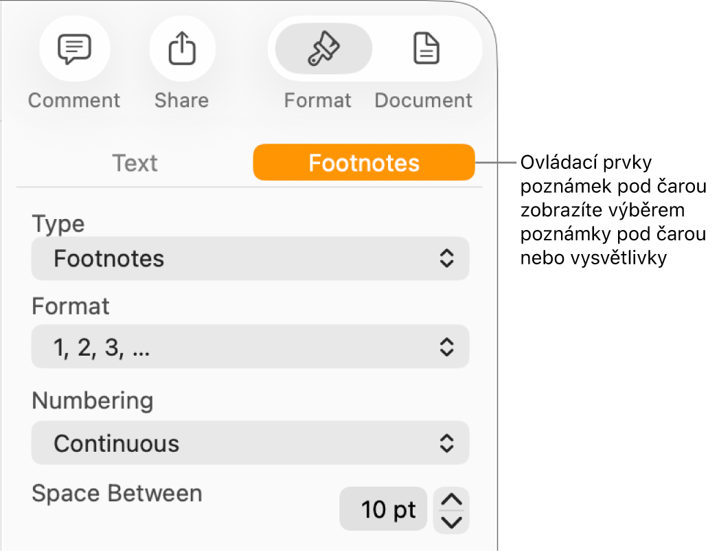 Panel poznámek pod čarou s místními nabídkami Typ, Formát, Číslování a mezerami mezi poznámkami