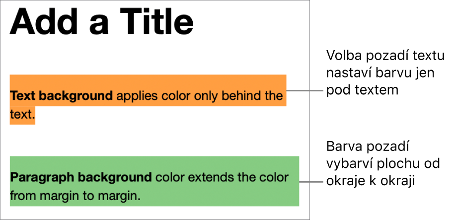Jeden odstavec s barvou pouze za textem a druhý odstavec s barvou na celém pozadí bloku od okraje k okraji