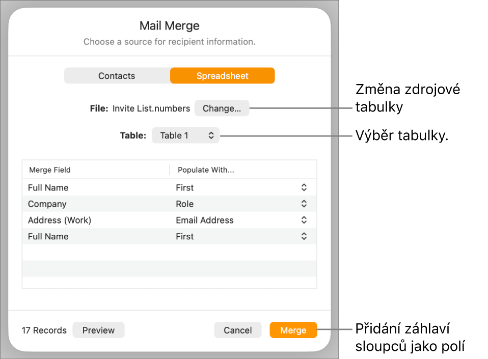 Zobrazený panel Náhled polí hromadné korespondence s volbami pro změnu zdrojového souboru nebo tabulky, pro náhled názvů polí hromadné korespondence a pro přidání záhlaví sloupců jako polí