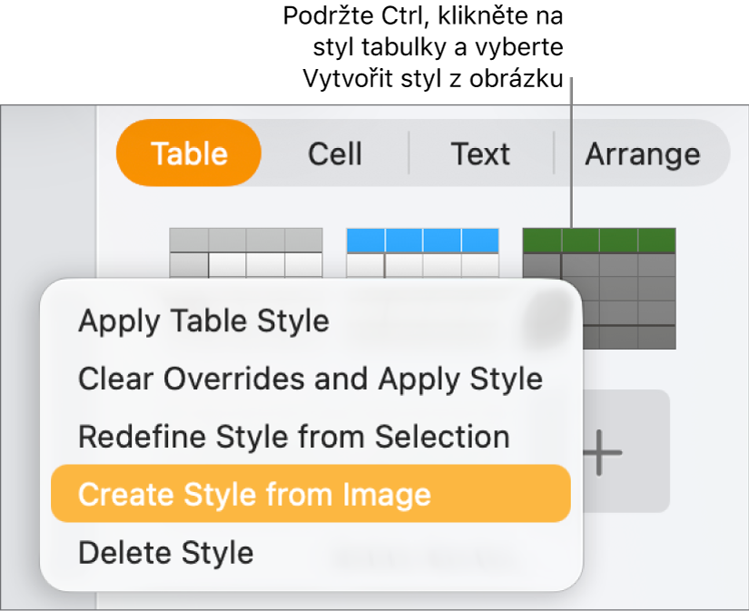 Nabídka zkratek pro styl tabulky