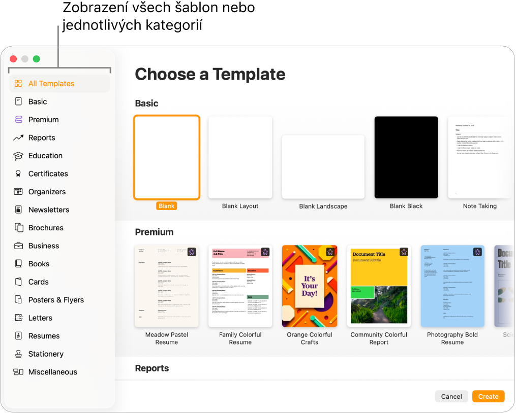 Výběr šablon Na bočním panelu nalevo je uveden seznam kategorií šablon – kliknutím na ně můžete filtrovat zobrazené volby. V pravé části jsou vidět miniatury předdefinovaných šablon, uspořádané v řádcích podle kategorií. Na začátku je položka Poslední a pak následují Projekty a Knihy na výšku. V levém dolním rohu je místní nabídka Jazyk a Oblast a v pravém dolním rohu jsou umístěna tlačítka Zrušit a Vytvořit.