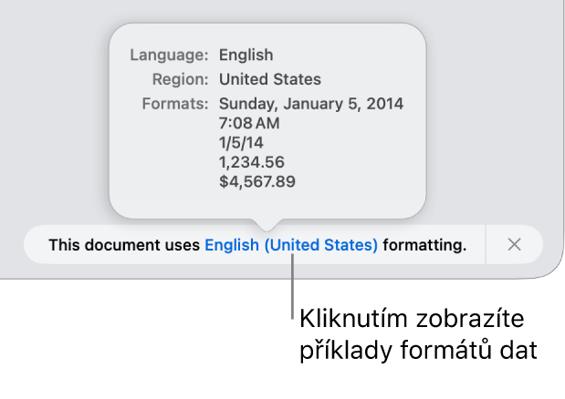 Upozornění na odlišné nastavení jazyka a oblasti s ukázkami formátování pro daný jazyk a oblast