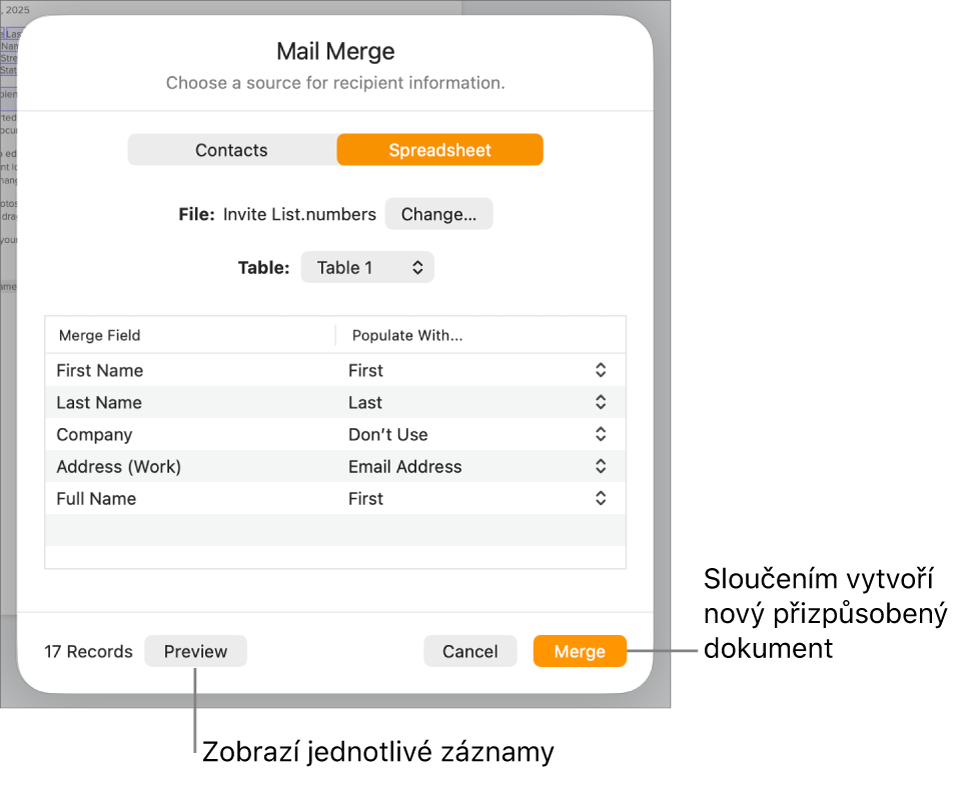 Zobrazený panel Hromadná korespondence s volbami pro změnu zdrojového souboru nebo tabulky, pro zobrazení náhledu s názvy polí hromadné korespondence nebo jednotlivými záznamy a pro hromadné rozeslání dokumentu