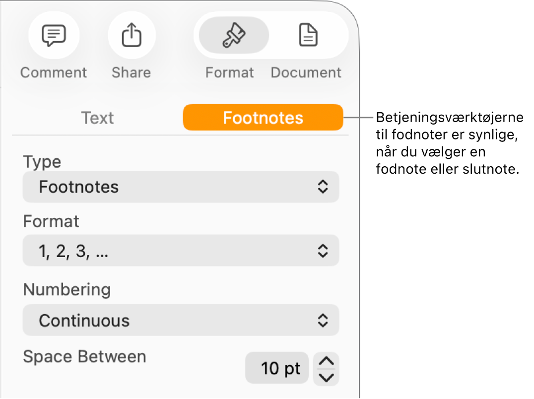 Vinduet Fodnoter med lokalmenuer til Type, Format, Nummerering og afstand mellem noter.