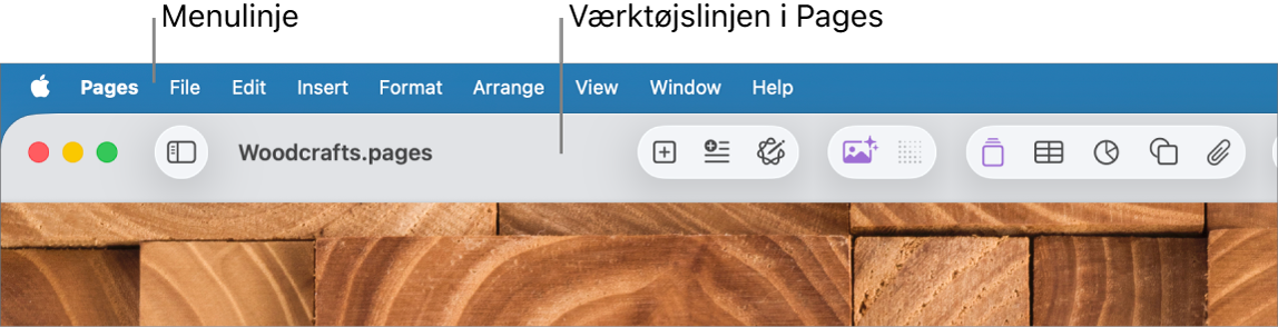 Menulinjen øverst på skærmen med menuerne Apple, Pages, Arkiv, Rediger, Indsæt, Format, Arranger, Oversigt, Del, Vindue og Hjælp. Under menulinjen ses et åbent Pages-dokument med knapperne Oversigt, Zoom, Tilføj side, Indsæt, Tabel, Diagram, Tekst, Figur, Medier og Kommentar på værktøjslinjen øverst.