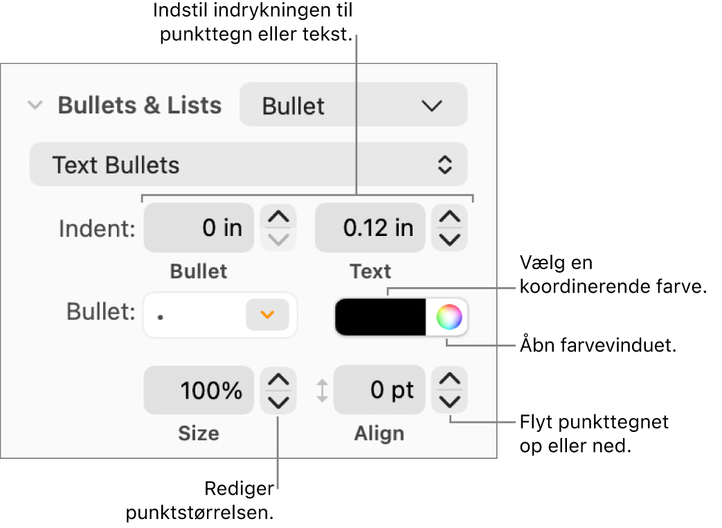 Punkter & lister med billedforklaringer til betjeningsmulighederne til indrykning af punkttegn og tekst, farve og størrelse på punkttegn og justering.