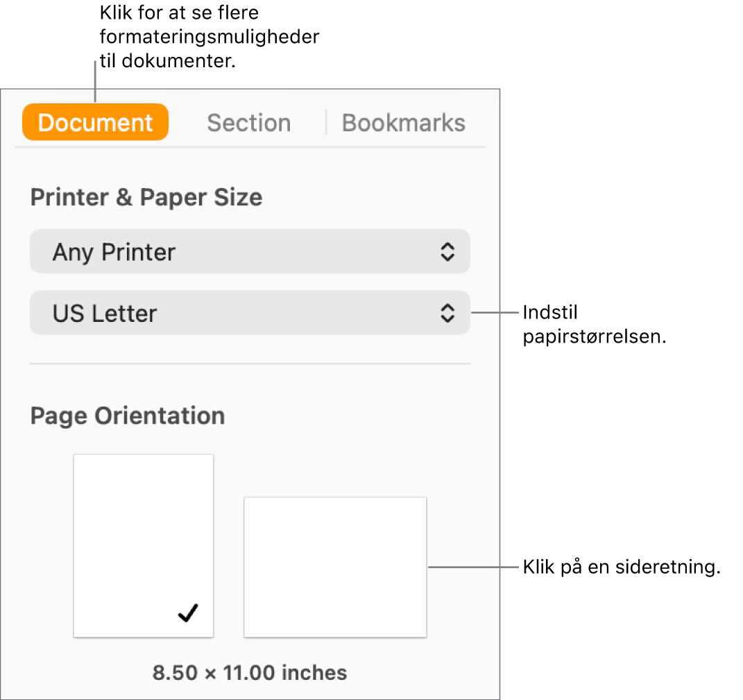 Indholdsoversigten Dokument, hvor fanen Dokument øverst i indholdsoversigten er valgt. I indholdsoversigten ses en lokalmenu til indstilling af papirstørrelse og knapper til stående og liggende sideretning.