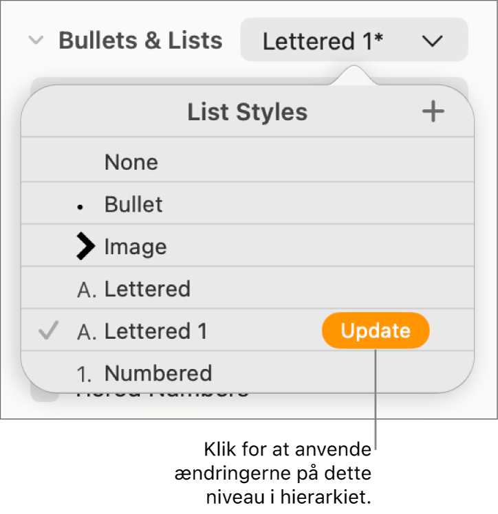 Lokalmenuen Listeformater med knappen Opdater ud for navnet på det nye format.