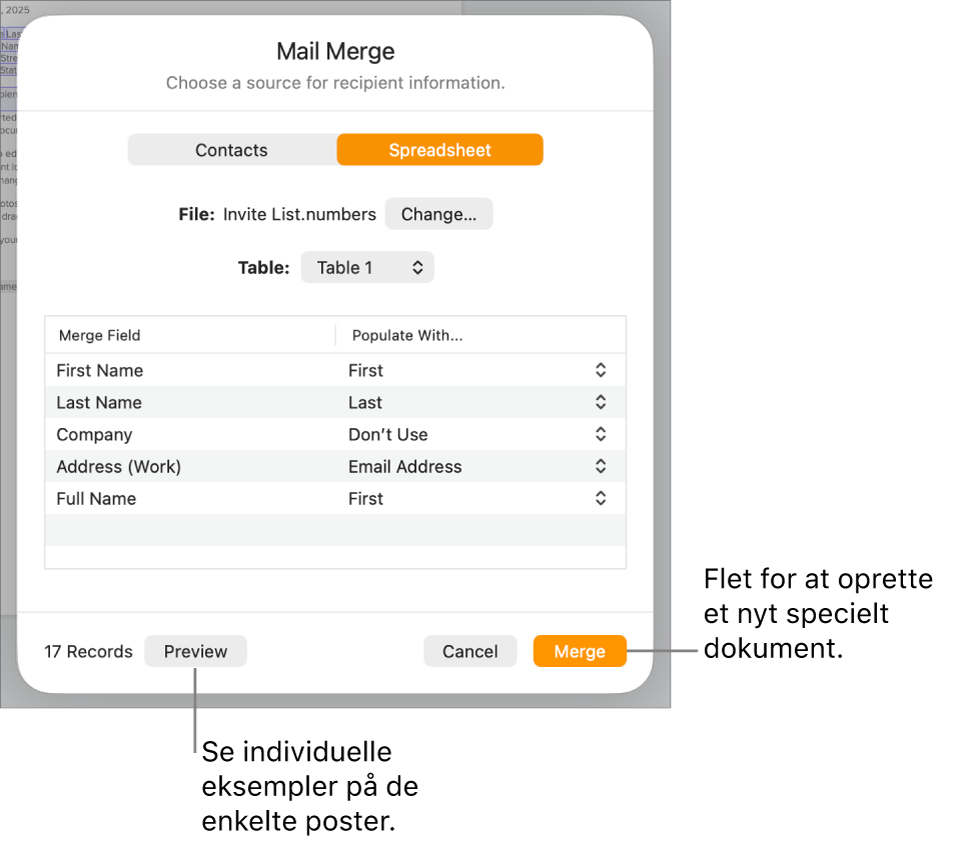 Vinduet Brevfletning er åbent. Her findes der muligheder for at skifte kildearkiv eller kildetabel, se eksempler på flettefelters eller individuelle posters navne eller flette dokumentet.