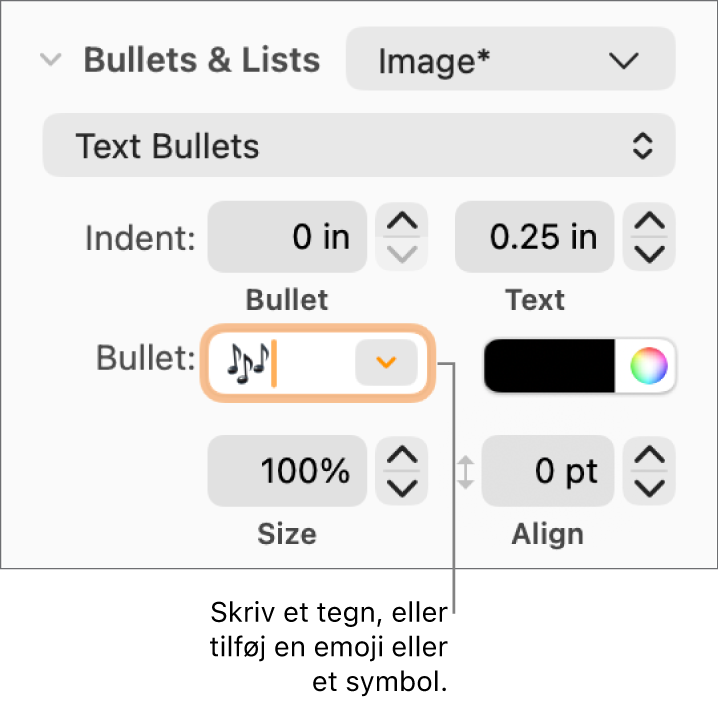 Sektionen Punkter & lister i indholdsoversigten Format. I feltet Punkttegn vises emoji-symbolet Blomst.