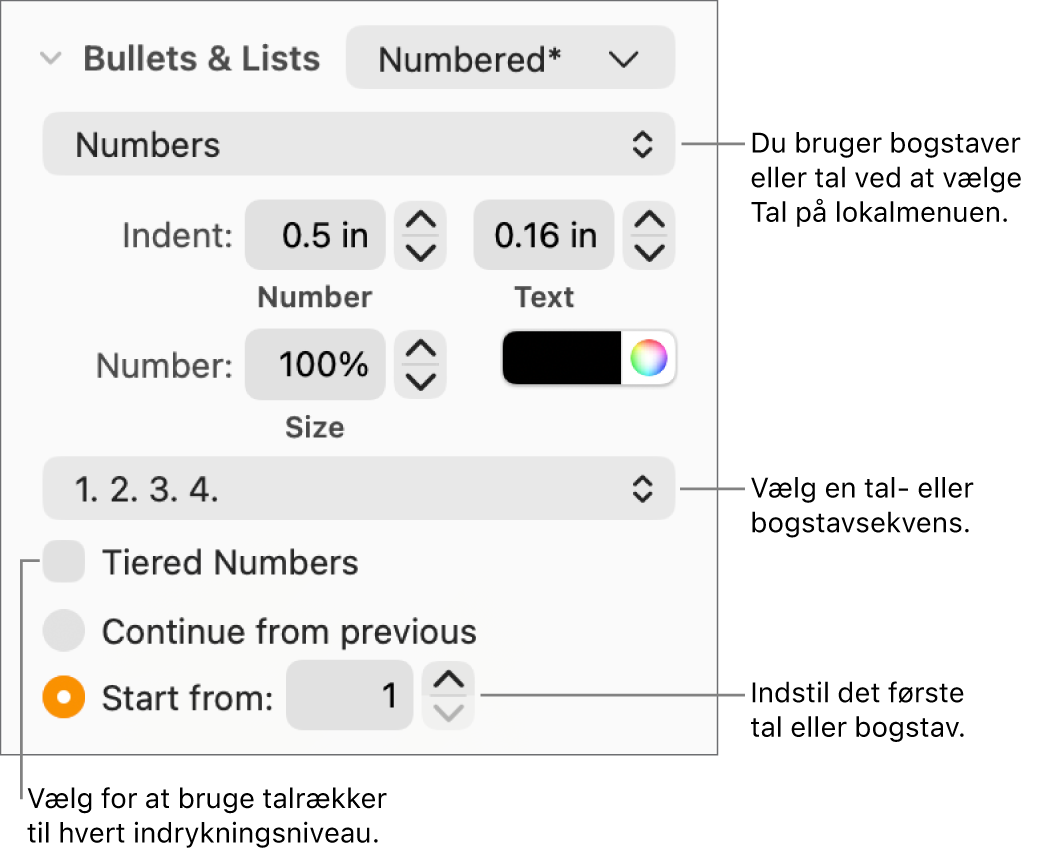Betjeningsmuligheder til ændring af en listes talformat og afstand.