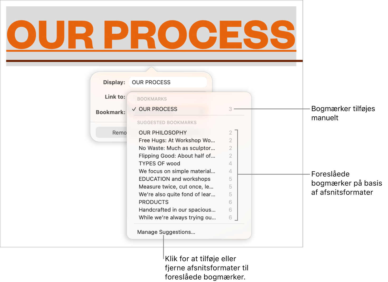 Bogmærkelisten med manuelt tilføjede bogmærker øverst og foreslåede bogmærker nedenunder. Nederst ses muligheden Administrer forslag.