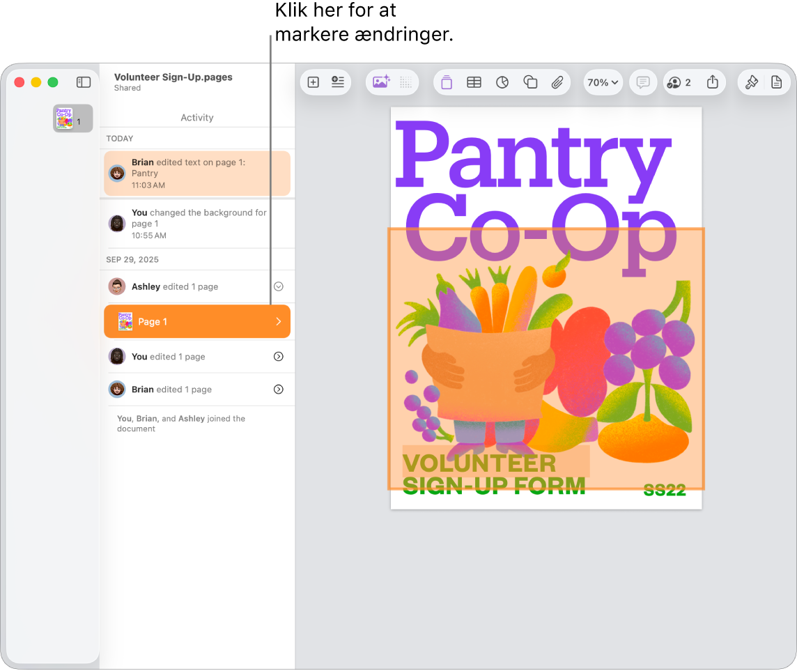 Et samarbejdsdokument, hvor både menuen Samarbejde og aktivitetslisten er åbne.
