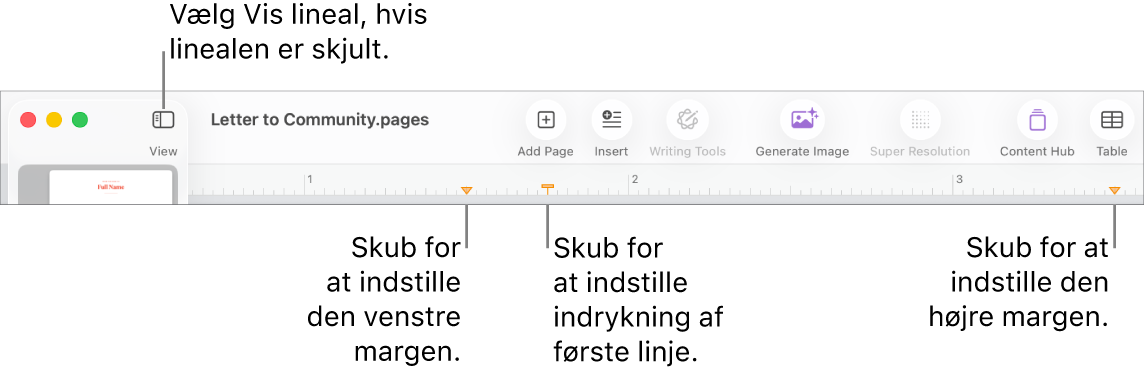 Lineal med mærkerne for venstre margen og første linjes indrykning.