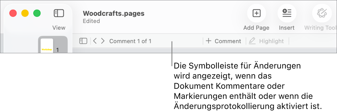 Die Pages-Symbolleiste oben auf dem Bildschirm mit den Tasten „Darstellung“, „Zoomen“, „Seite hinzufügen“, „Einfügen“, „Tabelle“, „Diagramm“, „Text“, „Form“, „Medien“ und „Kommentar“. Unter der Pages-Symbolleiste befindet sich die Korrektur- und Prüfleiste mit der Taste „Kommentare ein-/ausblenden“, Pfeilen, um zum vorherigen oder nächsten Kommentar zu wechseln, der Gesamtanzahl der Kommentare und den Tasten „Kommentar hinzufügen“ oder „Markierung hinzufügen“.
