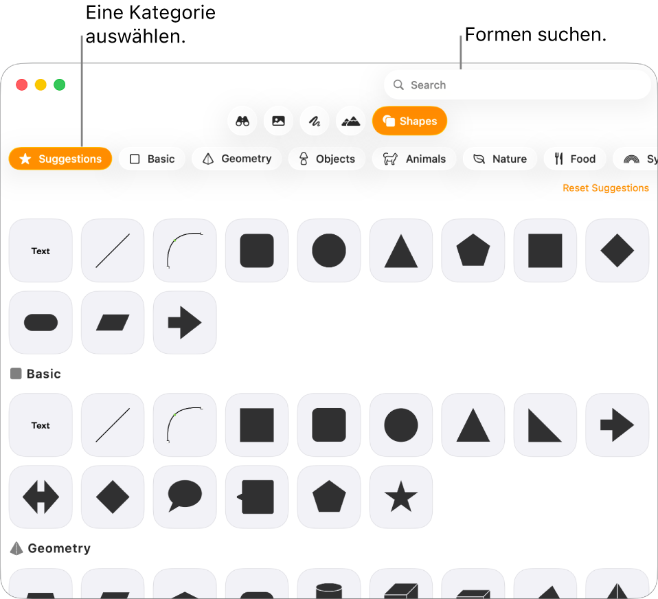 Die Formensammlung mit Kategorien auf der linken Seite und rechts angezeigten Formen Du kannst das oben angezeigte Suchfeld verwenden, um Formen zu finden. Durch Scrollen kannst du weitere Formen anzeigen.