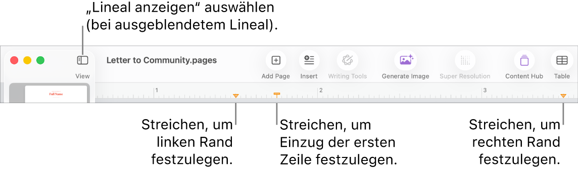 Das Lineal mit Steuerelement für den linken Rand und den Einzug der ersten Zeile