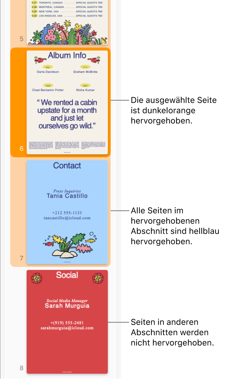 Die Seitenleiste mit den Seitenminiaturen, in der die ausgewählte Seite dunkelorange hervorgehoben ist und alle Seiten im ausgewählten Bereich hellorange hervorgehoben sind.