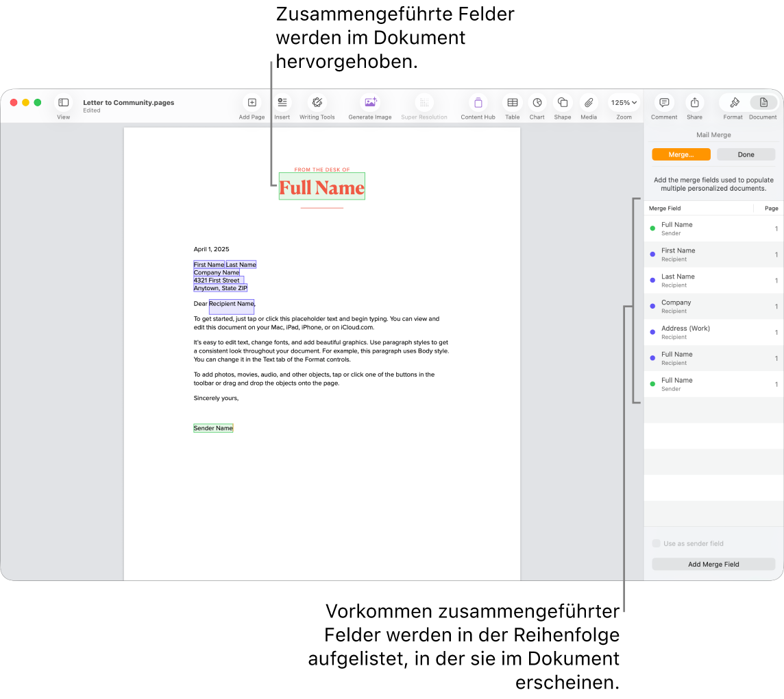 Pages-Dokument mit Serienbrieffeldern für Absender und Empfänger sowie der Liste der Serienbrieffeld-Instanzen in der Seitenleiste „Dokument“.